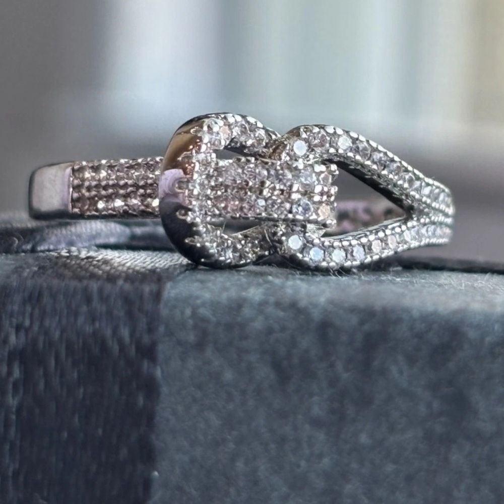 White Gold Plated CZ Infinity Knot Buckle Ring Size 6 | Pavé Statement Ring - Picture 2 of 10